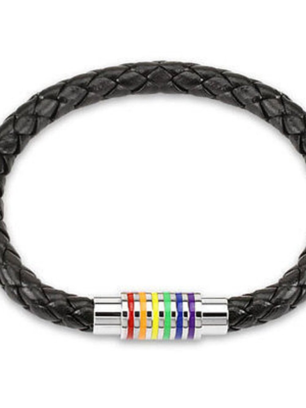 Black Braided Leather Bracelet with Magnetic Rainbow Striped Closure